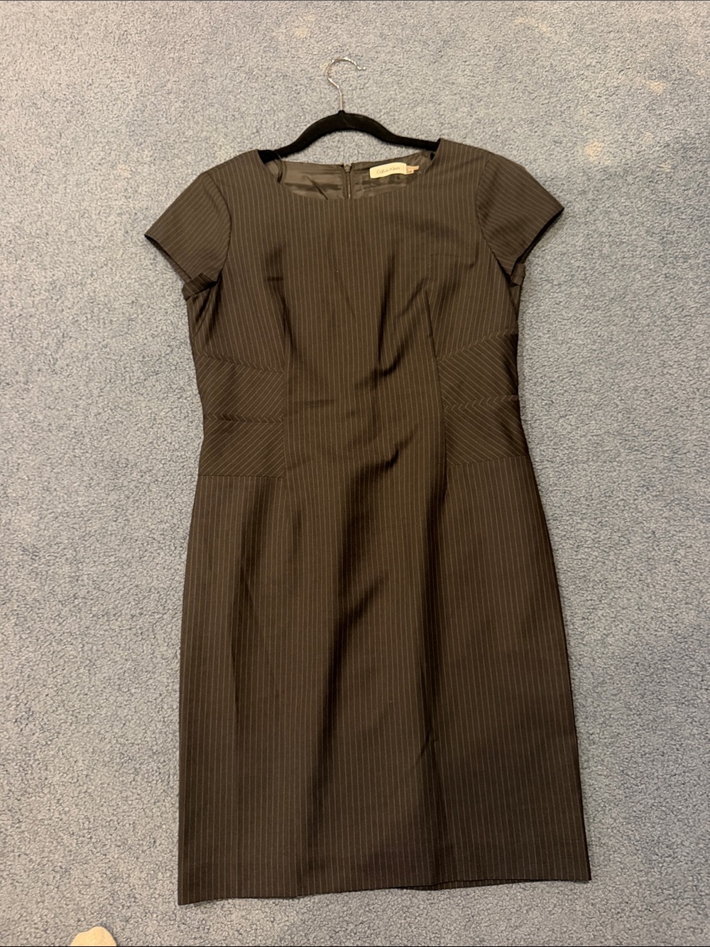 Calvin Klein Black Pinstripe Cap-Sleeve Sheath Dress